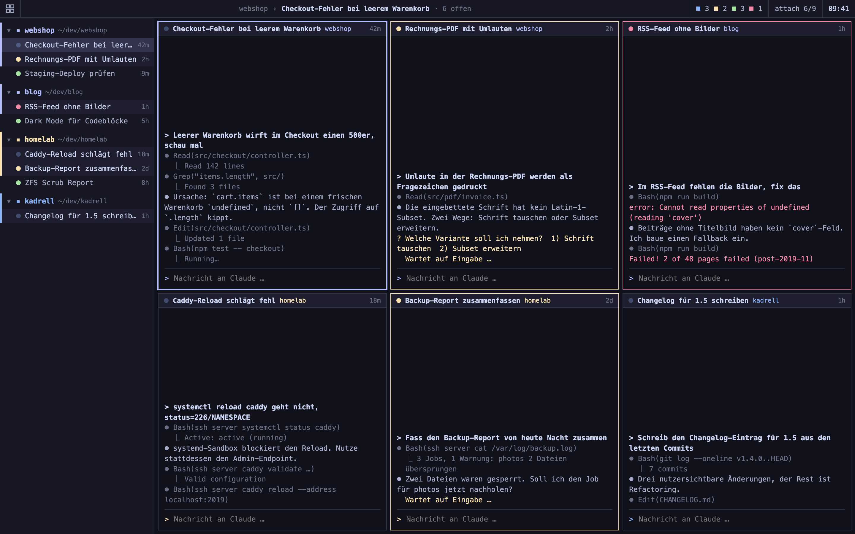 Kadrell im Raster-Layout: links der Baum mit den Gruppen webshop, blog, homelab und kadrell, rechts sechs Terminals mit laufenden Claude-Code-Sessions